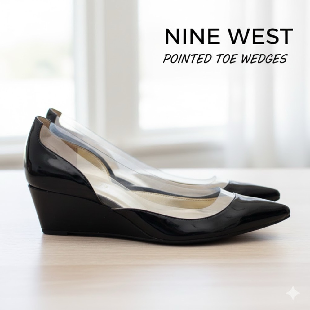 Nine West Black Patent Leather Clear PVC Pointed Toe Wedge Pumps Peekaboo Office